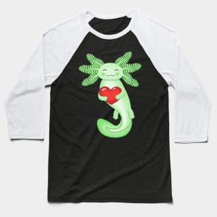 Cute Green Axolotl Holding A Red Heart Baseball T-Shirt